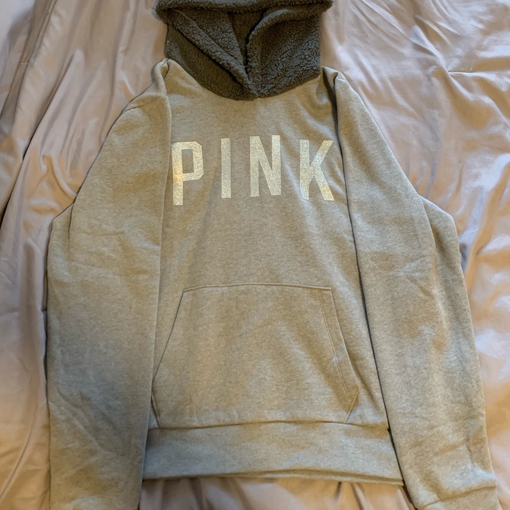 grey pink/ victorious secret fluffy hoodie.
